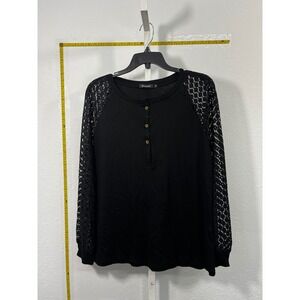 Minetom Black Henley Top Crochet Lace Long Sleeve Raglan Blouse Womens Large